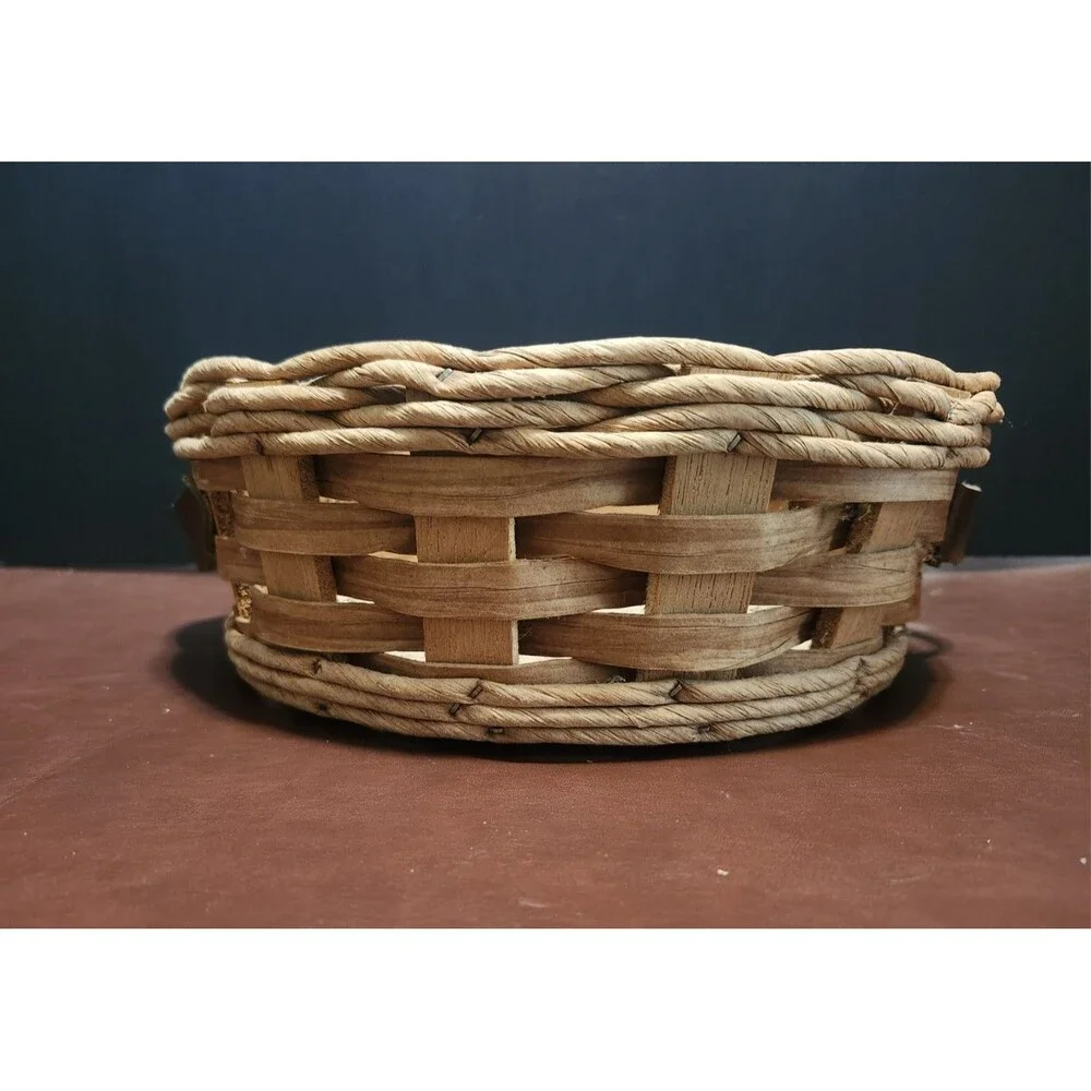PYREX Vintage Woven Round Storage Basket w/ Leather Handle, Brown Tan